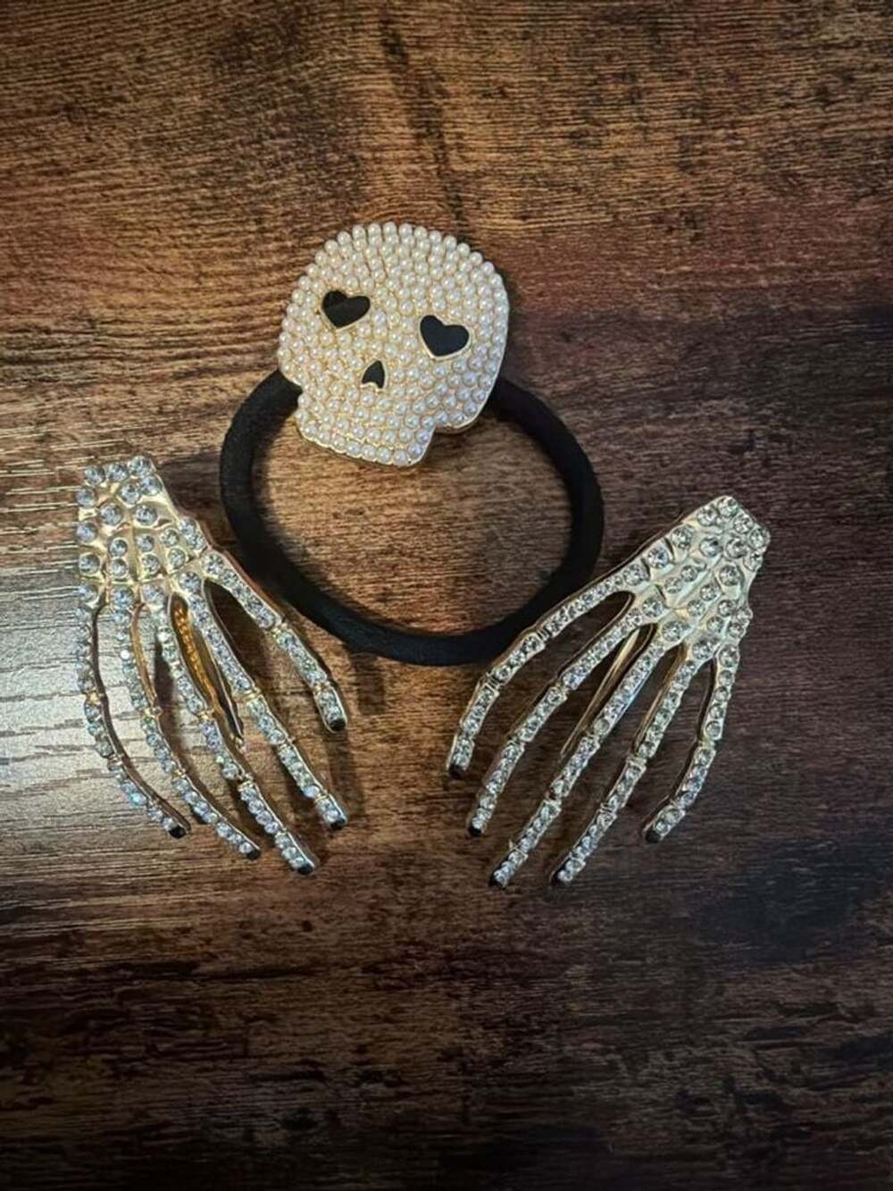 Unbranded Gothic Skull and Skeleton Hand Rhinestone Hair Accessories Set
